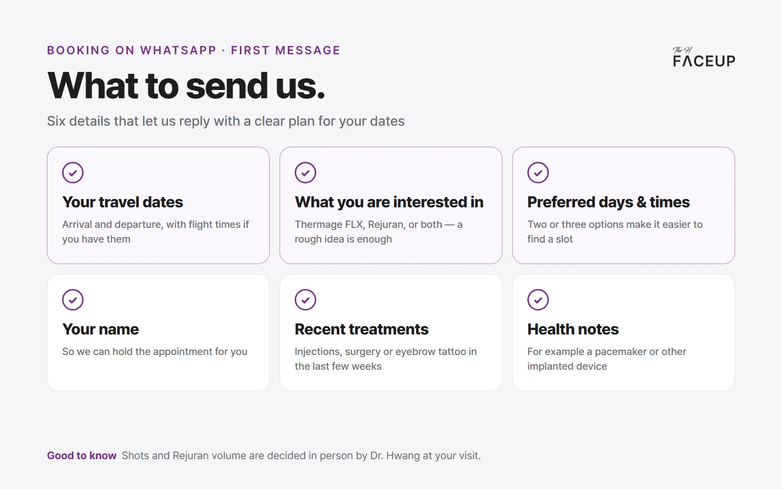 What to send when you book Thermage in Korea on WhatsApp – travel dates, treatment, preferred times, recent treatments